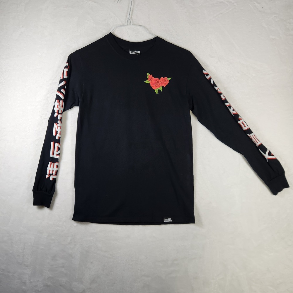 Broken Promises Long Sleeve T Shirt Roses Graphic Streetwear Black Size S
